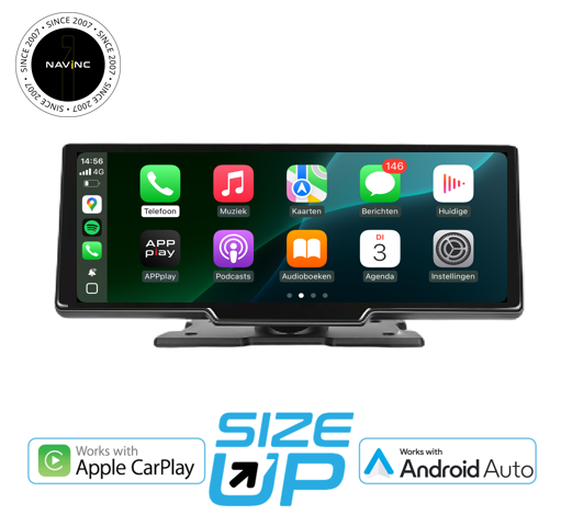 m-use Size UP 10,26-inch CarPlay- en Android Auto-scherm met voor- en achtercamera